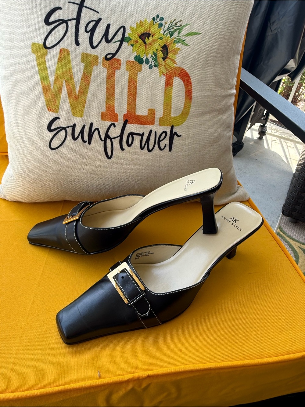 Anne Klein Black Leather Buckle Mule Heels